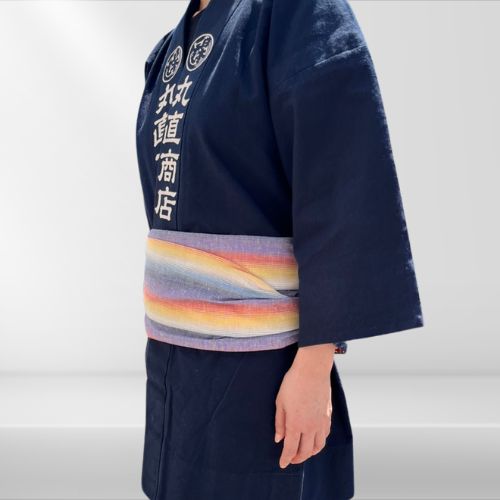 綿紬　巻き帯縞　朝ぼらけ